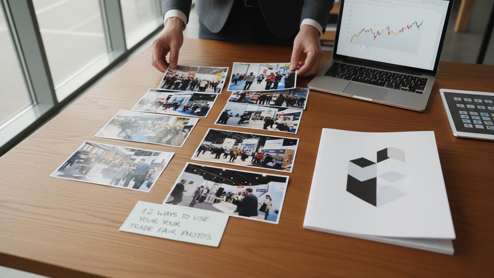 Ausgewählte Messefotos auf einem Laptop, sortiert nach Stand, Team und Produkten