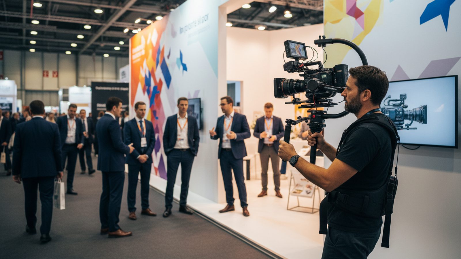 Interview am Messestand für einen 90-Sekunden-Messefilm, Kamera und Mikrofon im Vordergrund