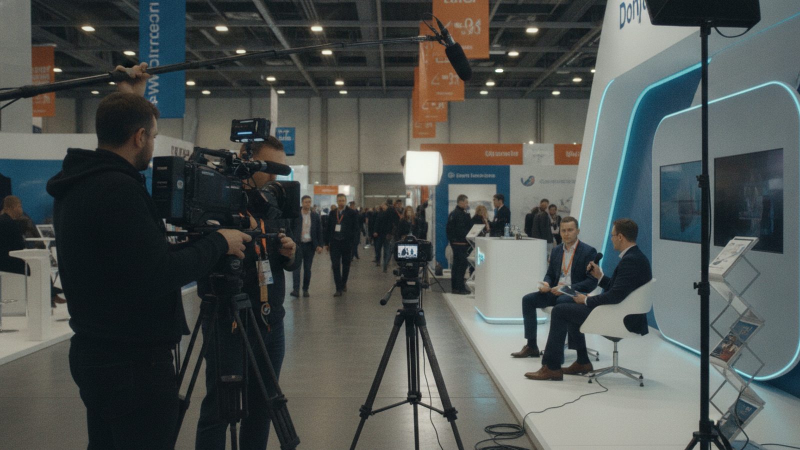 Kamerateam mit Mikrofonangel und Stativkamera filmt ein Interview mit zwei Männern auf der Bühne eines Messestands, im Hintergrund der volle Gang