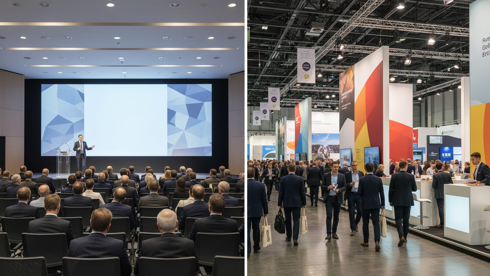 Links eine Referentin auf der Konferenzbühne, rechts ein Gespräch an einem Messestand
