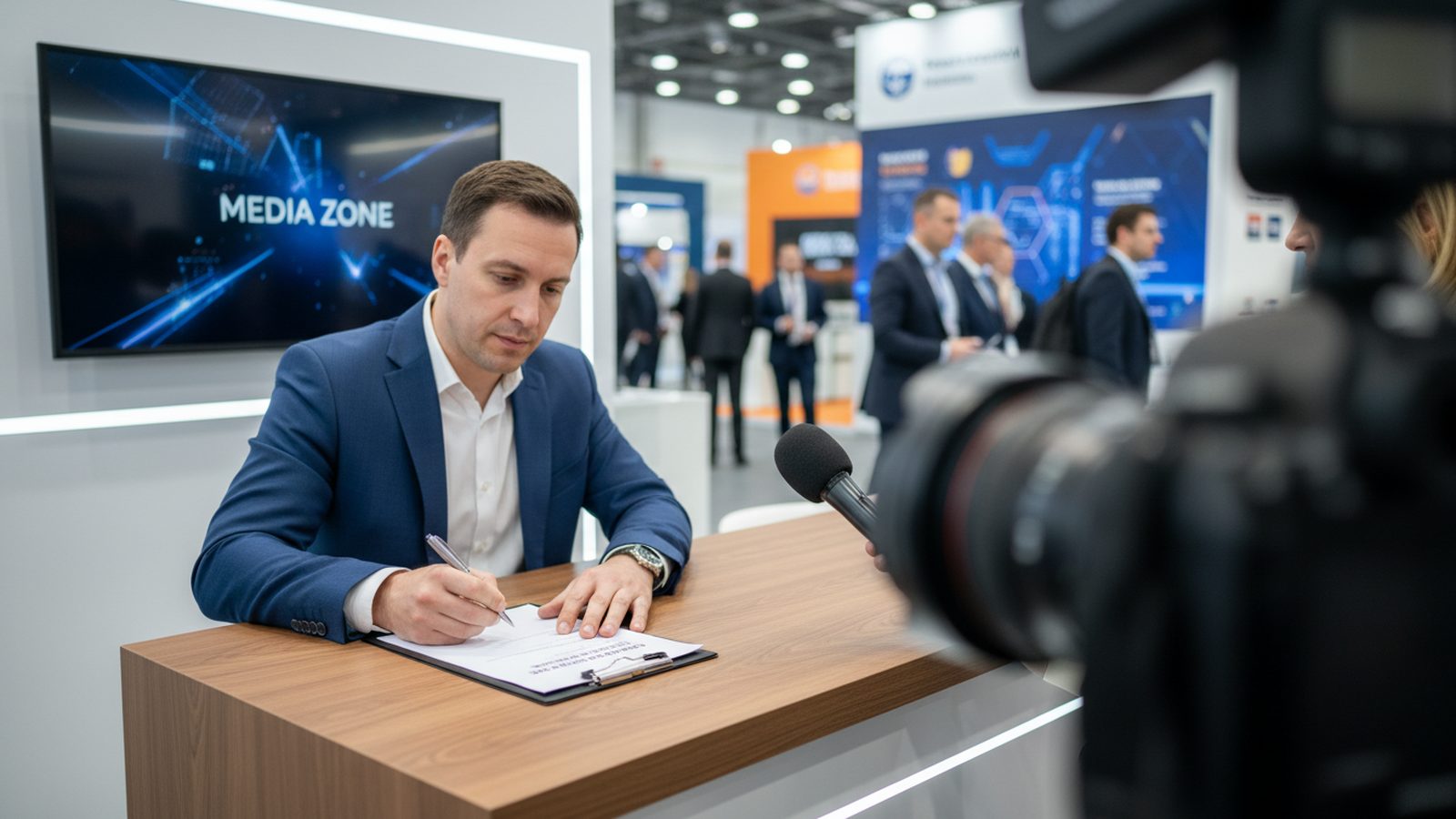 Gesprächspartnerin unterschreibt vor einem Interview am Messestand ein Formular, daneben Kamera und Mikrofon