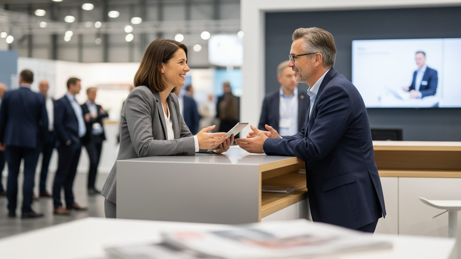 Mitarbeiter erklärt einem Besucher am Messestand ein Produkt, fotografiert über die Schulter