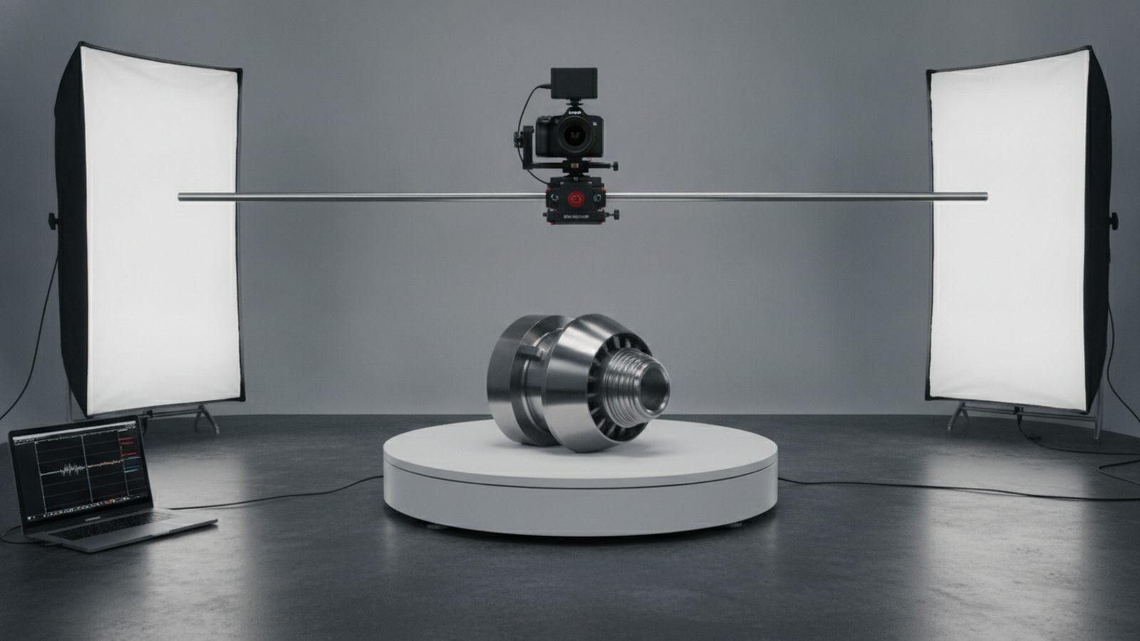 Metallisches Maschinenteil auf einem weißen Drehteller im Studio, darüber eine Kamera auf einem Slider, links und rechts große Softboxen