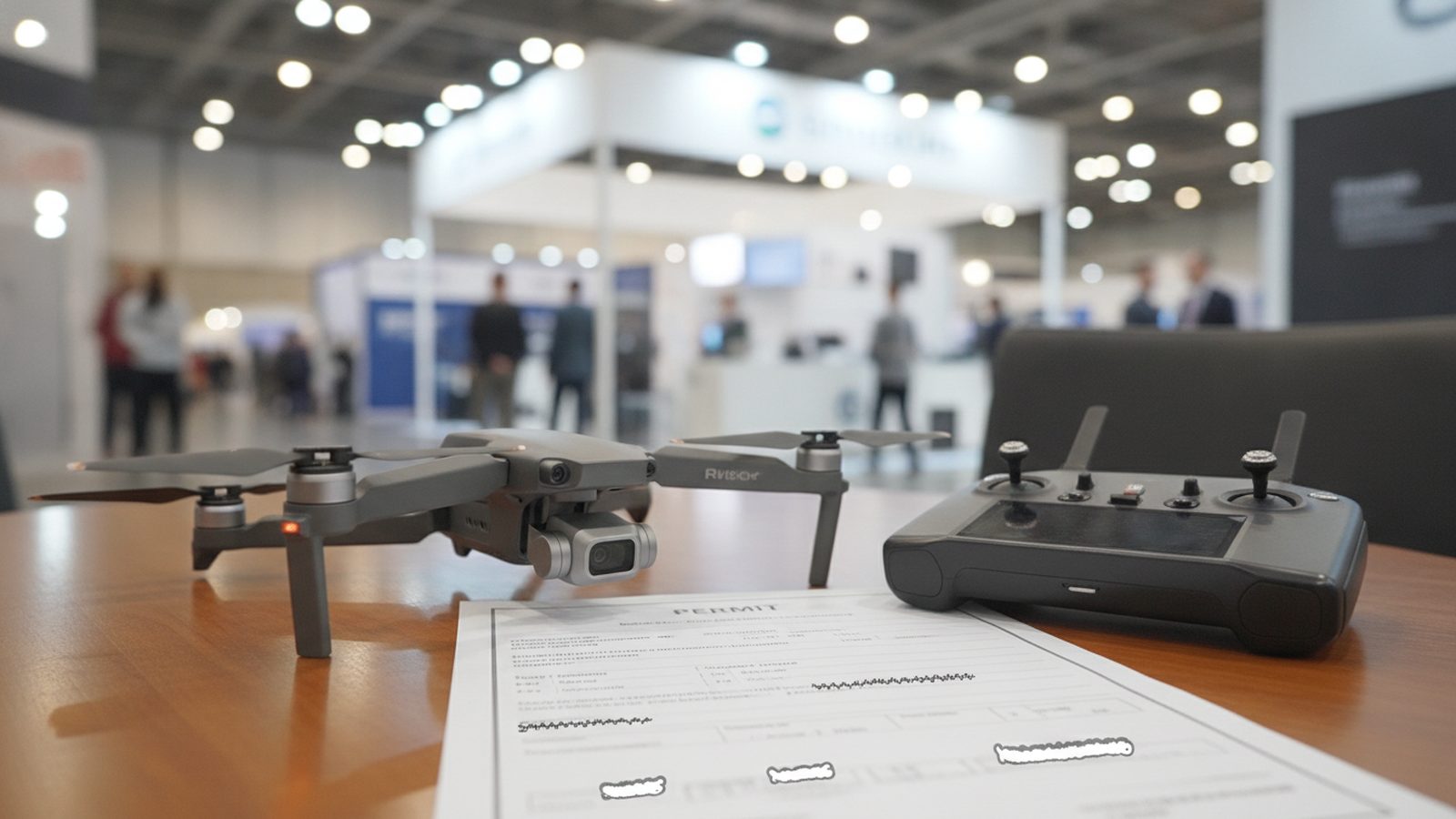 Videograf mit Kamera arbeitet unauffällig an einem Messestand in einer hellen Messehalle