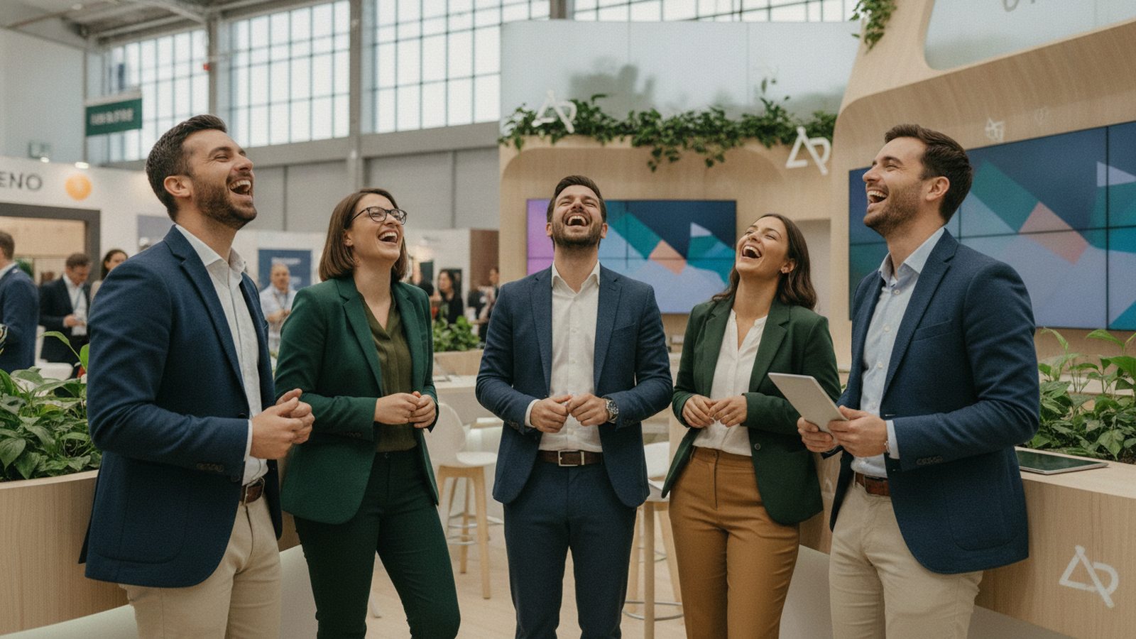 Standteam eines Ausstellers lacht gemeinsam am Messestand