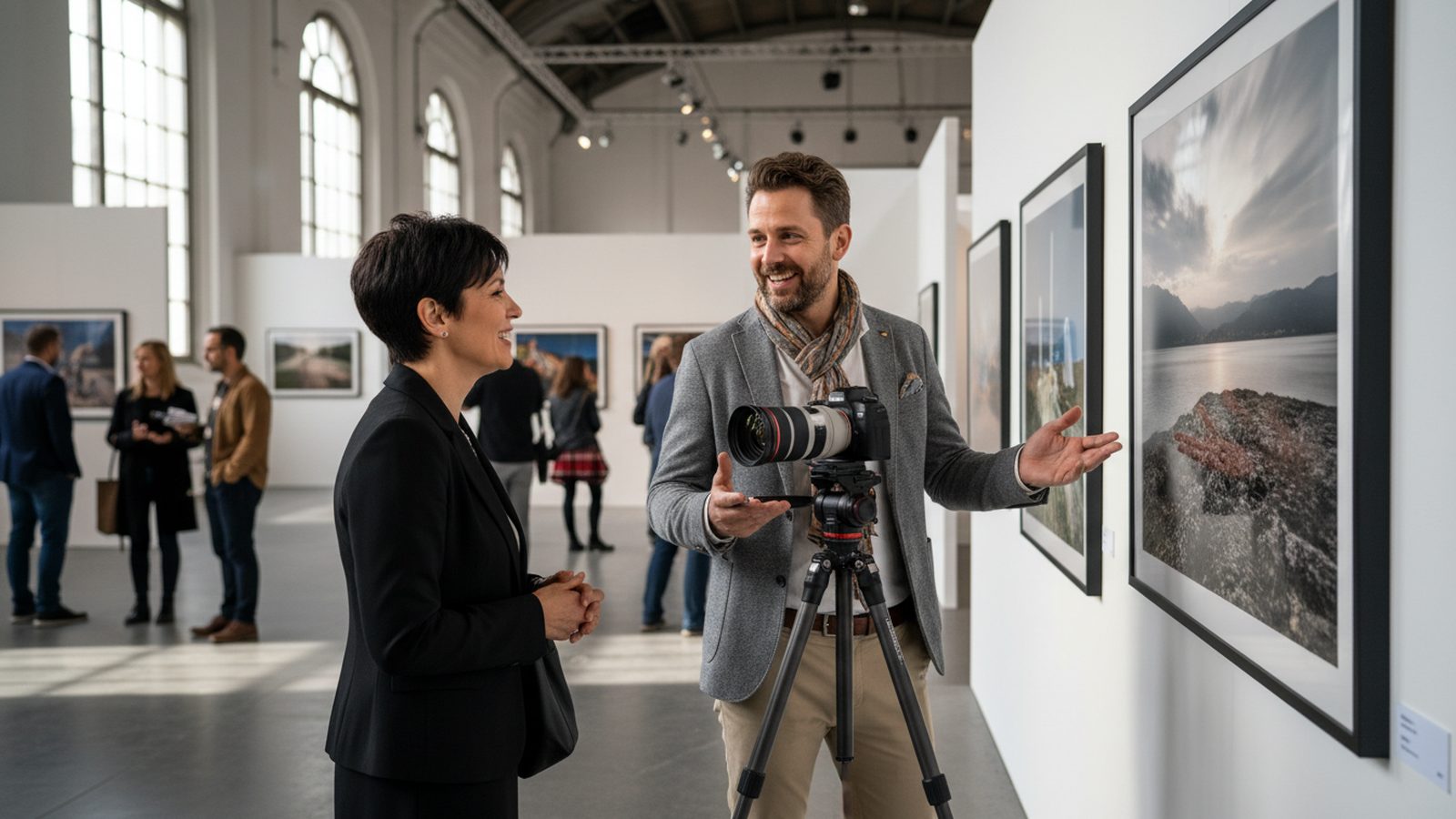 Fotograf im Gespräch mit einem internationalen Ausstellerteam am Messestand