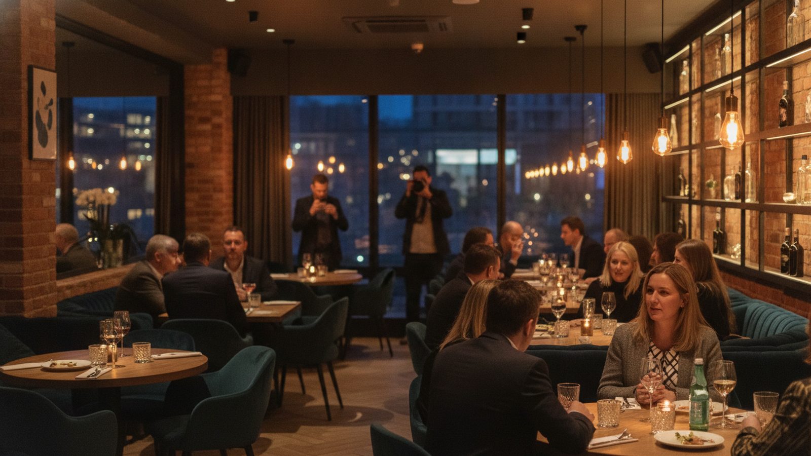 Kundenabend in einem Restaurant während der Messewoche, im Hintergrund arbeiten ein Fotograf und ein Videograf