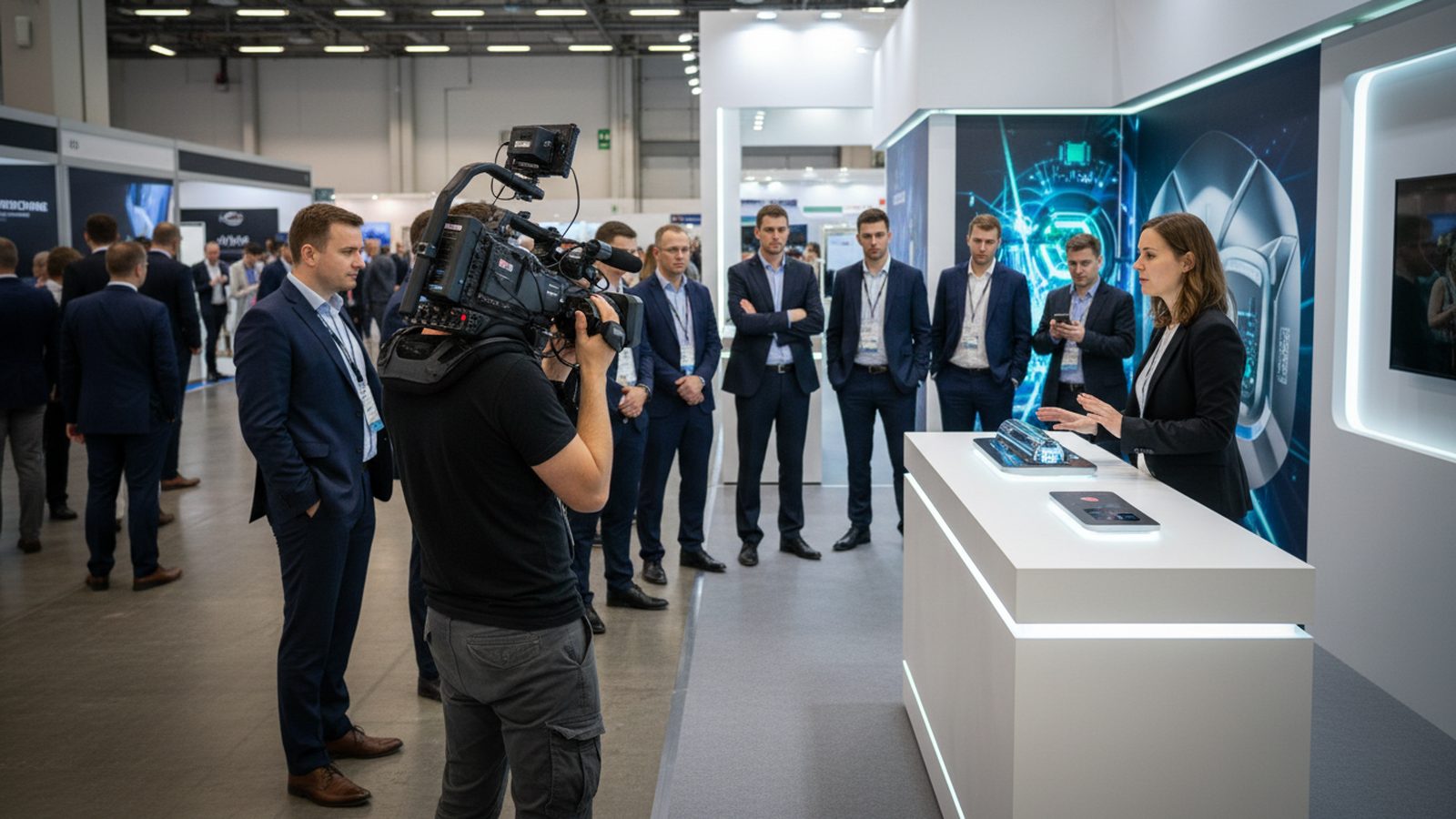 Videograf filmt eine Produktvorführung an einem weißen Tresen auf einem Messestand, Besucher in Businesskleidung schauen zu