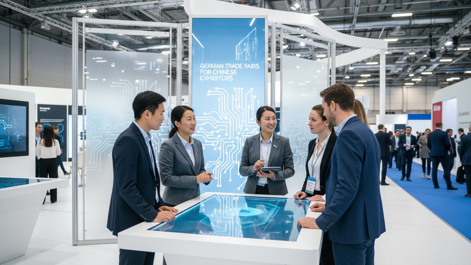 Chinese exhibitor team presenting a touchscreen table to European visitors at a German trade fair
