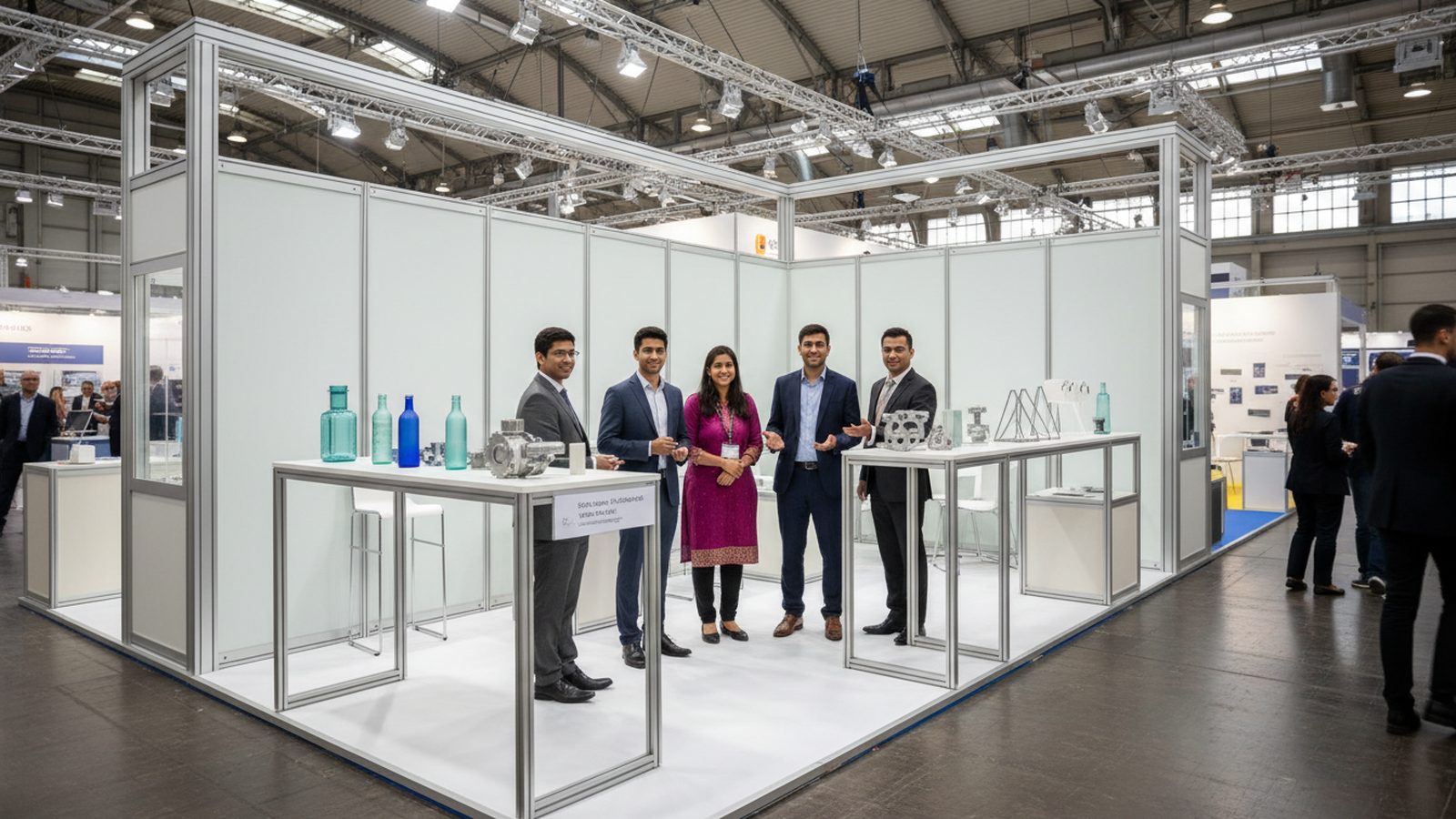 Indischer Aussteller zeigt einem Besucher ein Produktmuster an einem Messestand in einer deutschen Messehalle