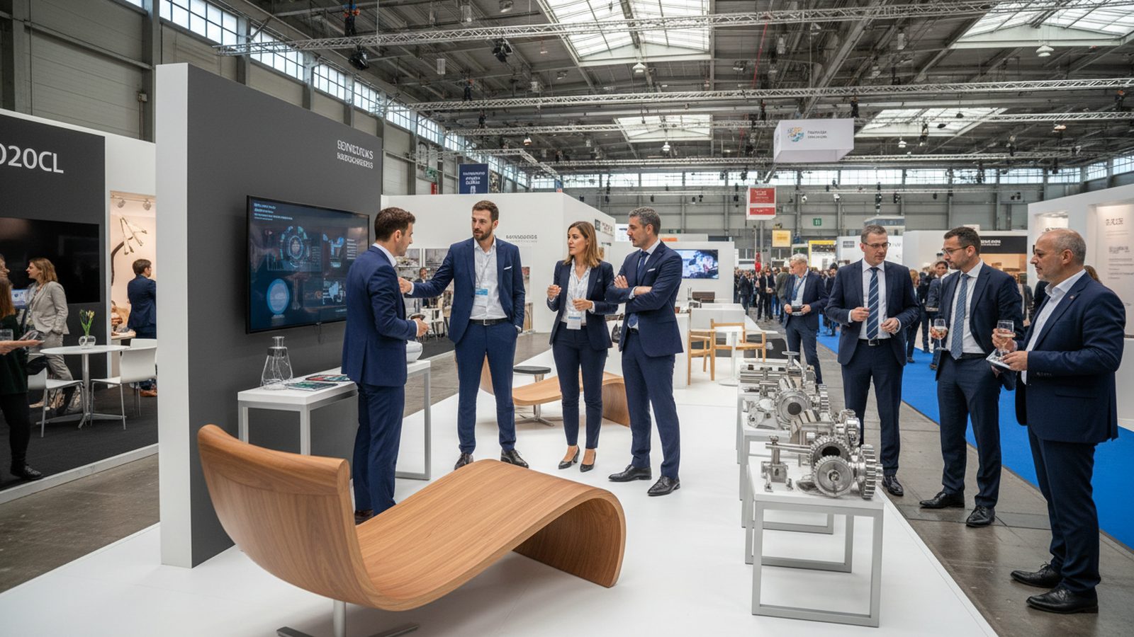Design-Messestand eines italienischen Möbelherstellers auf einer deutschen Messe, fotografiert vor Einlass