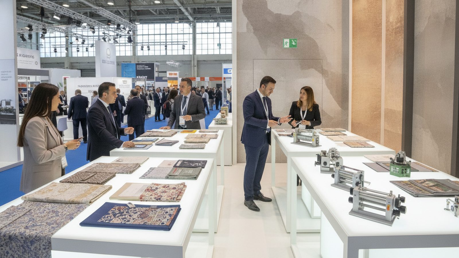 Aussteller aus der Türkei im Gespräch mit einem Einkäufer an einem Messestand in einer deutschen Messehalle