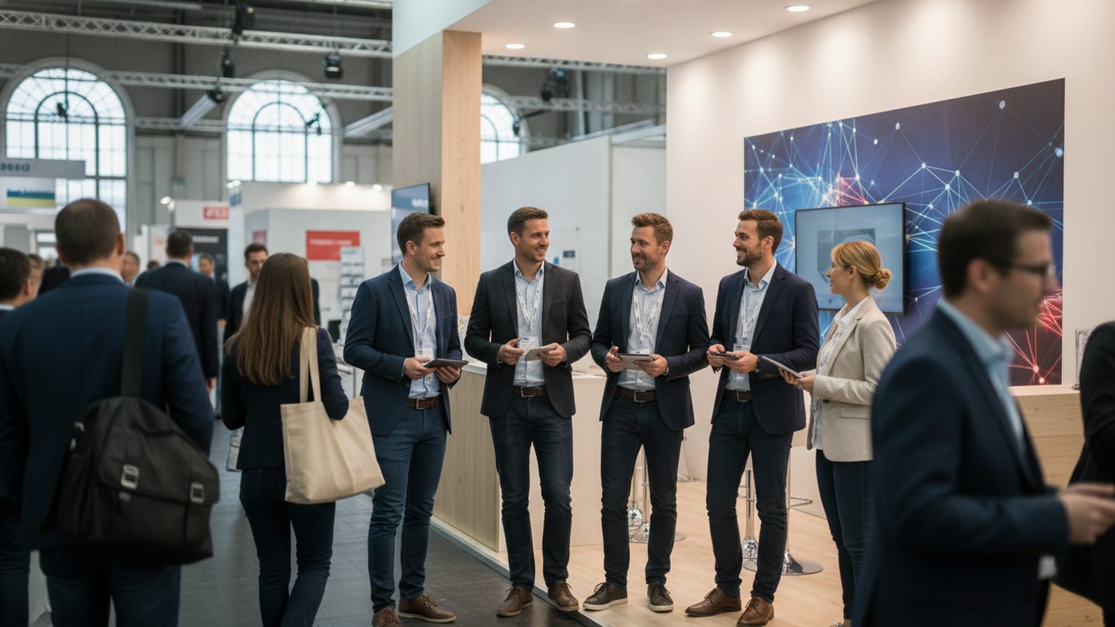 Team eines US-Unternehmens an seinem Messestand auf einer deutschen Messe im Gespräch mit europäischen Besuchern
