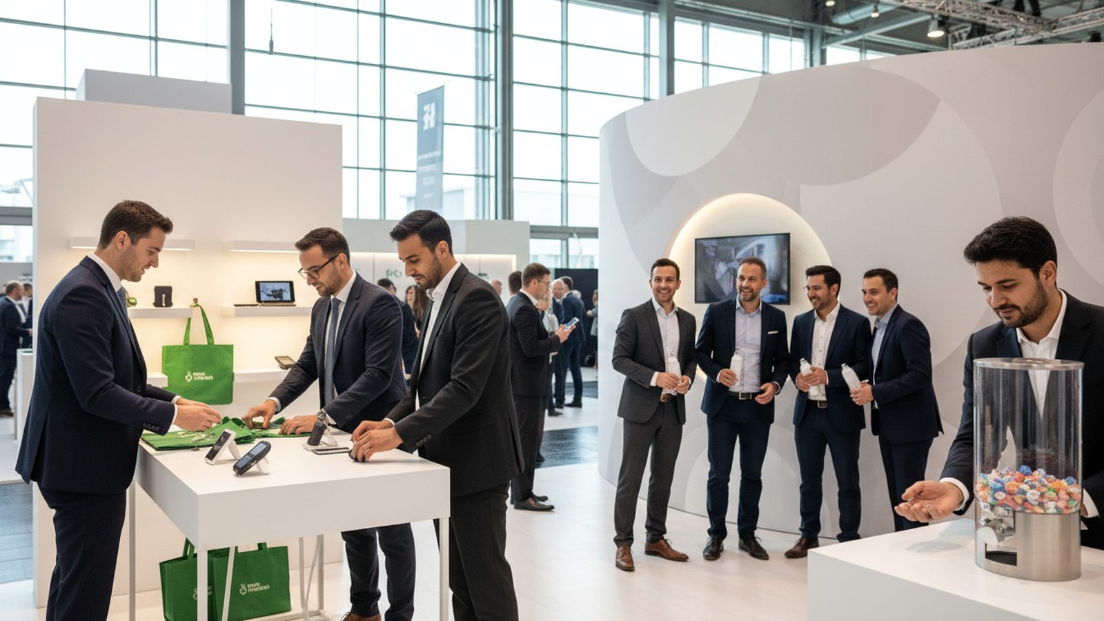 Besucher greifen am Messestand nach Produktproben, während ein Mitarbeiter das Produkt erklärt
