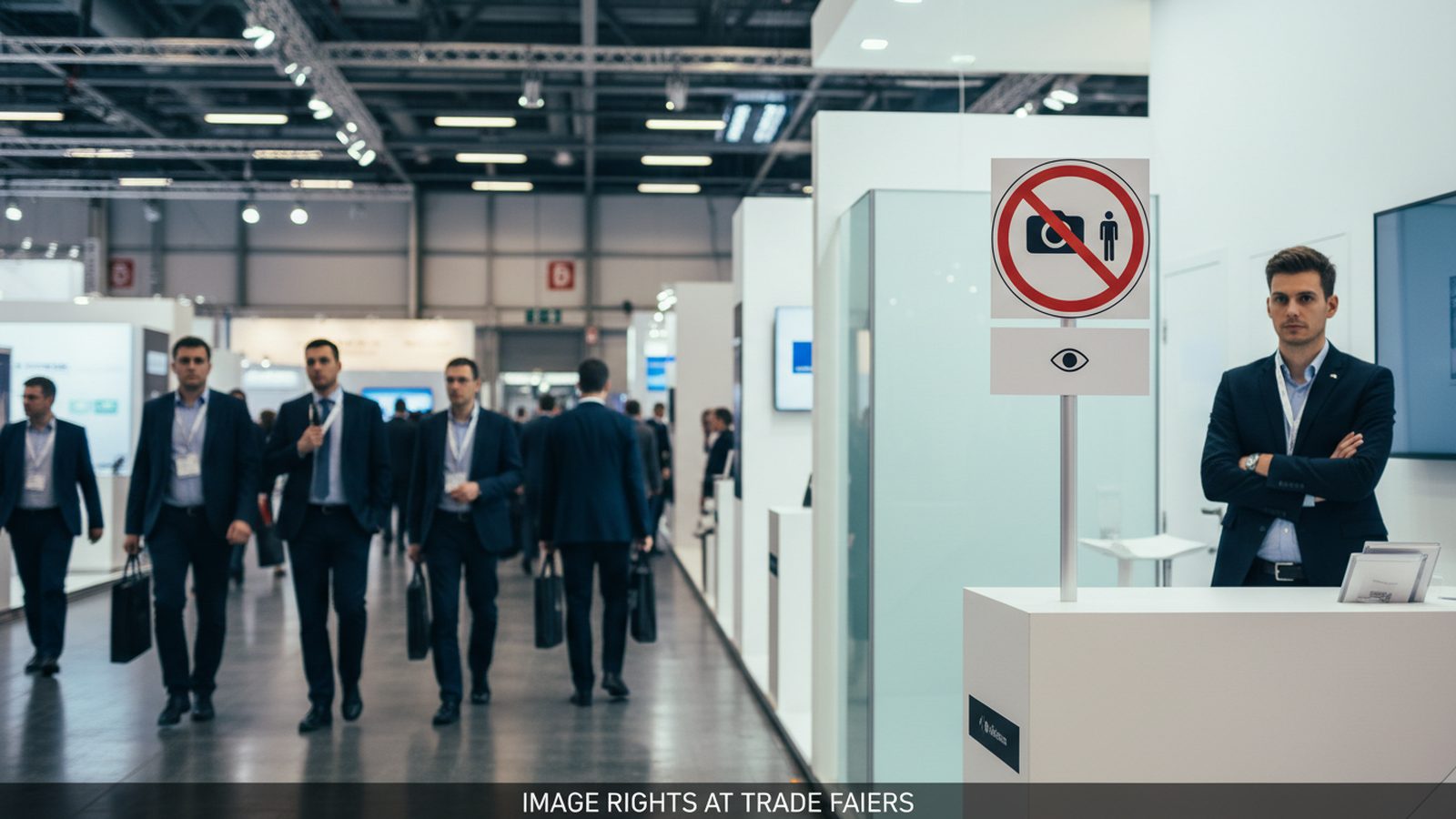 Messestand mit Besuchern im Gespräch, am Standeingang ein Hinweisschild zu Foto- und Videoaufnahmen