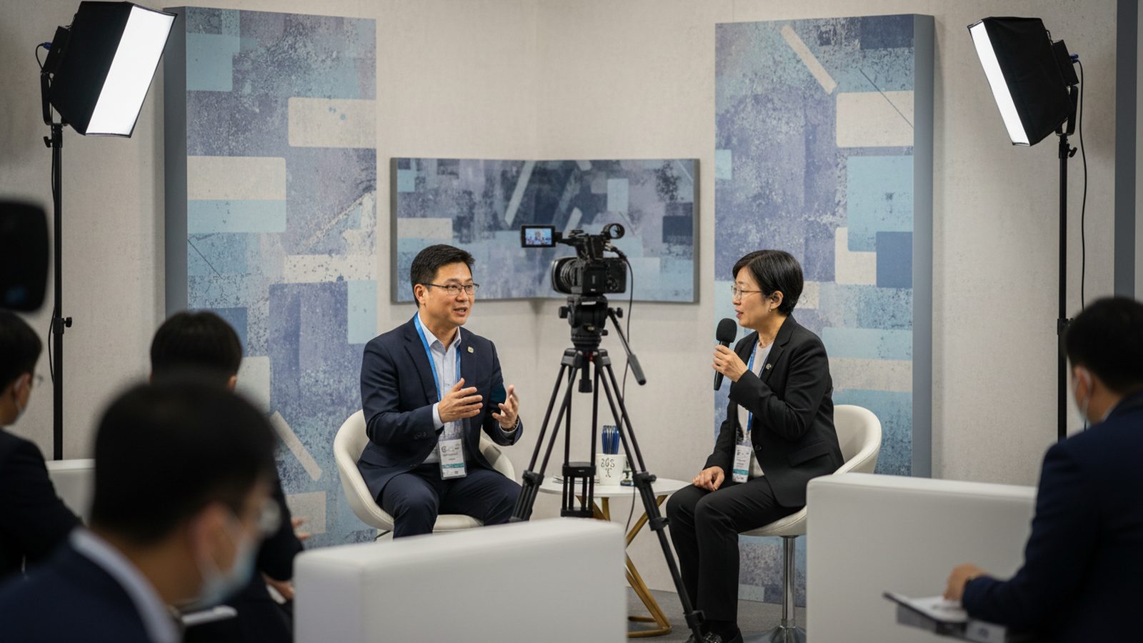 Interview an einem Messestand, neben der Kamera steht ein Dolmetscher neben der interviewenden Person