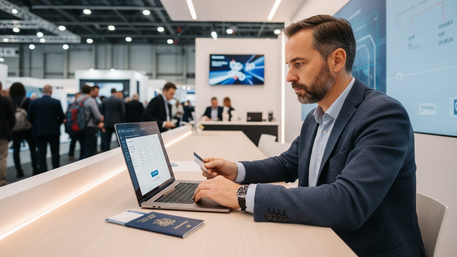 Rechnung und Laptop mit Buchhaltungsansicht auf dem Tresen eines Messestands, im Hintergrund die Halle