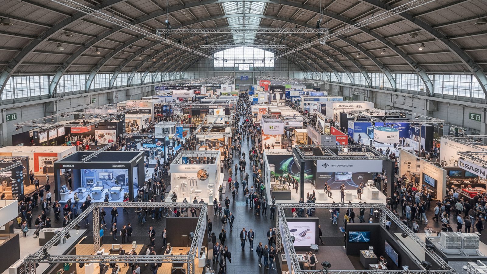 Voller Gang zwischen Messehallen auf einer großen Messe in Deutschland