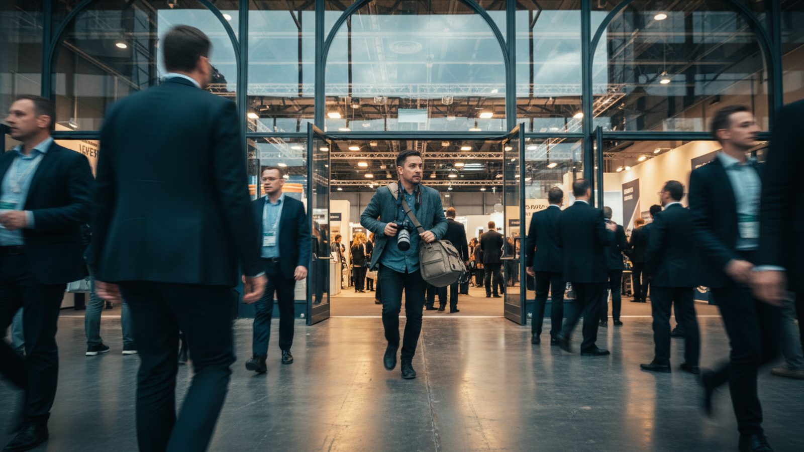 Fotograf trifft am frühen Morgen am Messestand ein, Standleitung zeigt auf dem Smartphone die Nachricht mit Halle und Standnummer