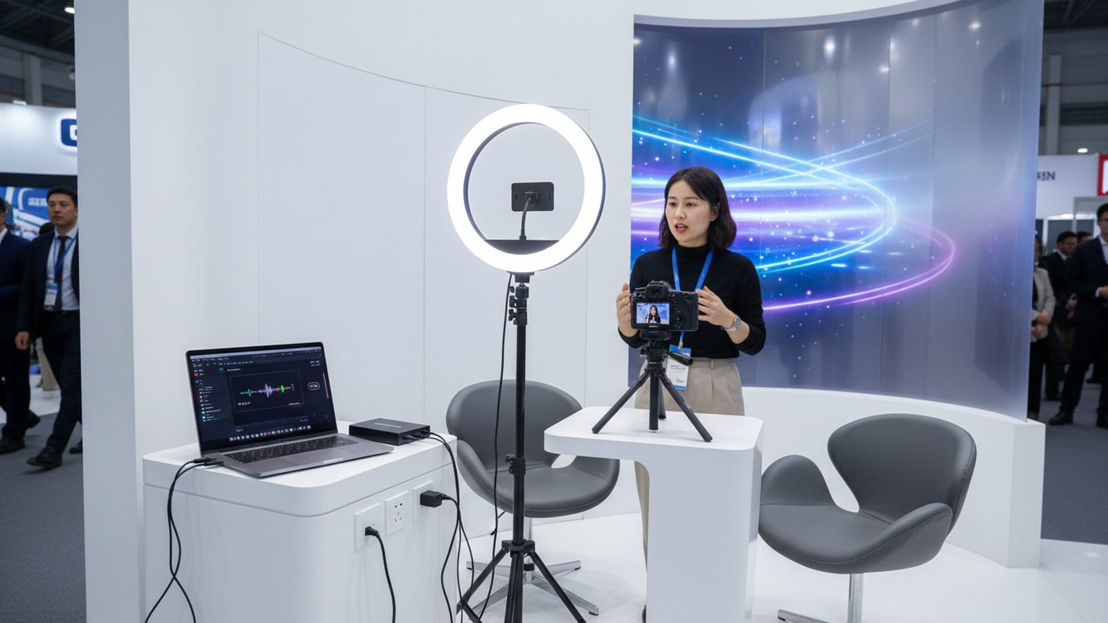 Kamera auf Stativ filmt eine Präsentation auf einem Messestand, im Hintergrund Besucher im Gespräch