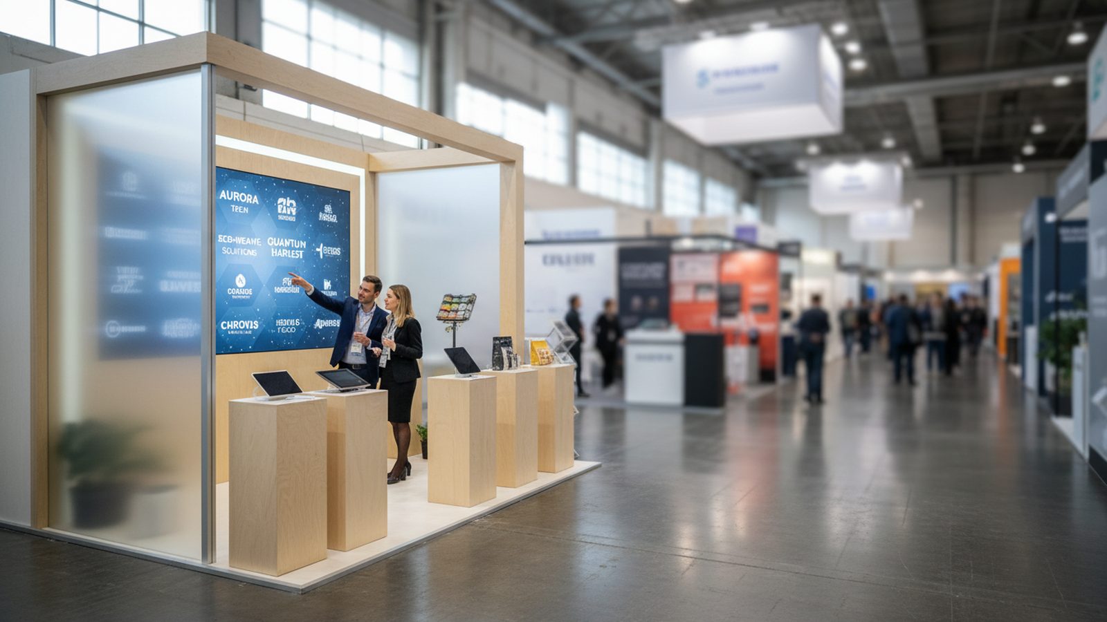 Videograf filmt einen Messestand, im Hintergrund unscharf die Logos benachbarter Stände und die Hallenbeschilderung
