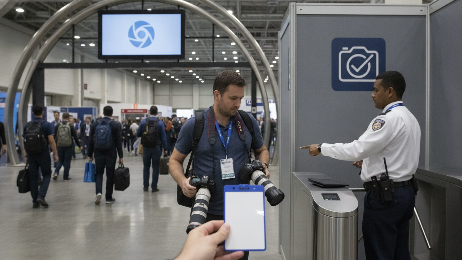 Fotograf mit Ausstellerausweis und Kamera im Gang einer Messehalle vor Beginn des Messetags