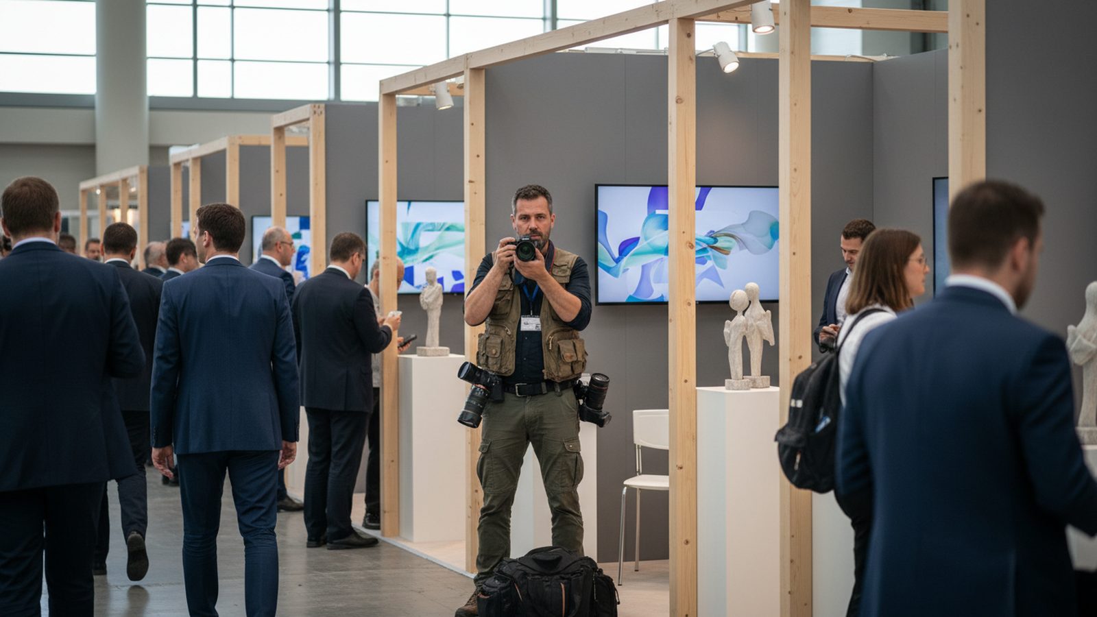 Fotograf am Messestand am Morgen vor Einlass, Wochenplan mit markierten Messetagen auf dem Tablet