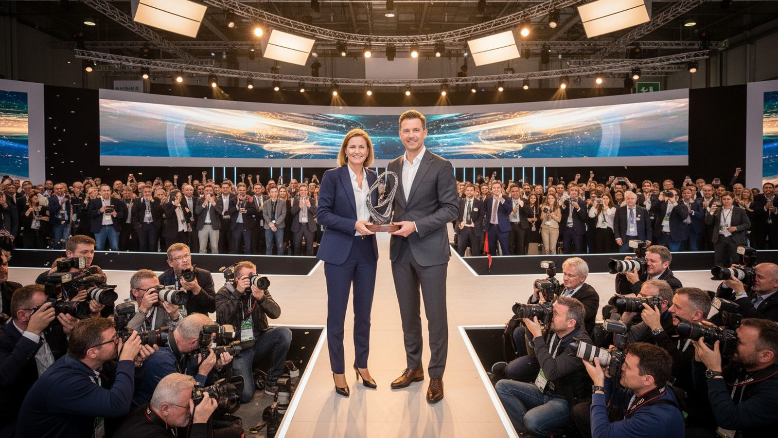 Zwei Preisträger mit Trophäe auf einer Messebühne, vor der Bühne zahlreiche Fotografen