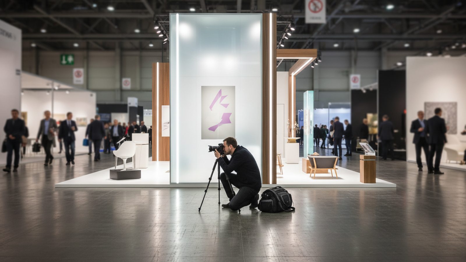Blick durch einen Messegang auf mehrere Stände mit Logos und Exponaten, im Vordergrund der eigene Stand
