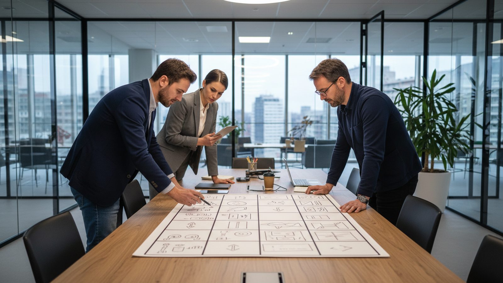 Drei Mitarbeiter planen an einem Besprechungstisch einen Imagefilm anhand eines ausgedruckten Storyboards