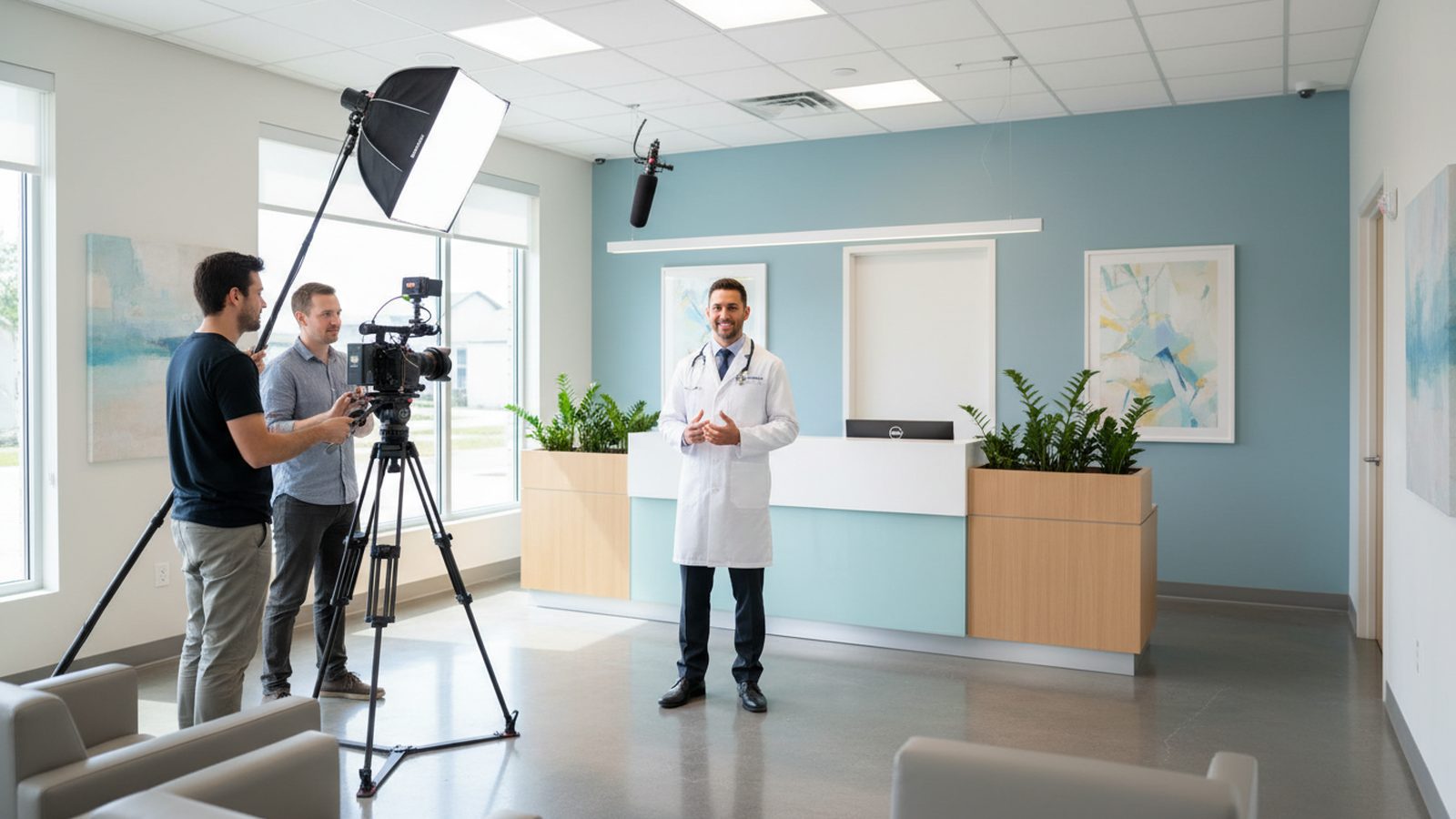 Filmteam mit Kamera, Softbox und Mikrofonangel filmt einen Arzt im weißen Kittel vor dem Empfangstresen einer hellen Praxis