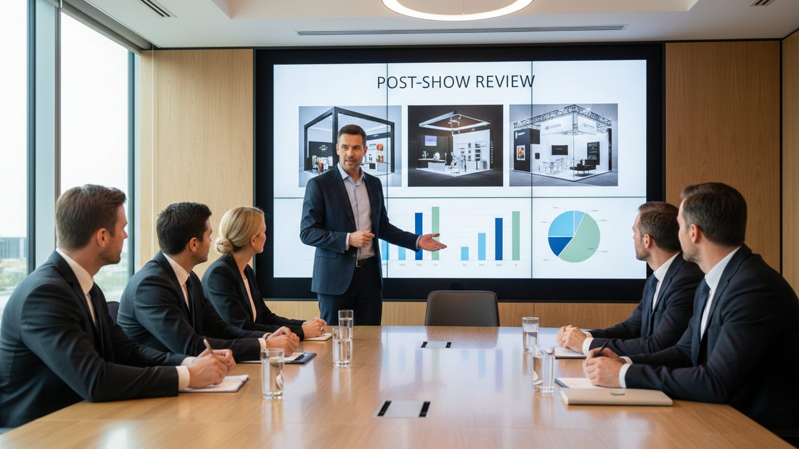 Manager präsentiert Kollegen im Besprechungsraum einen Messebericht mit Standfotos und Diagrammen