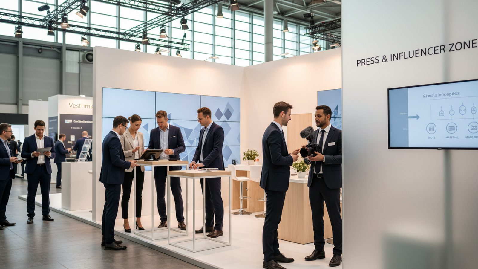 Geschäftsführerin im Gespräch mit einer Journalistin am Messestand, im Hintergrund ein Creator mit Smartphone