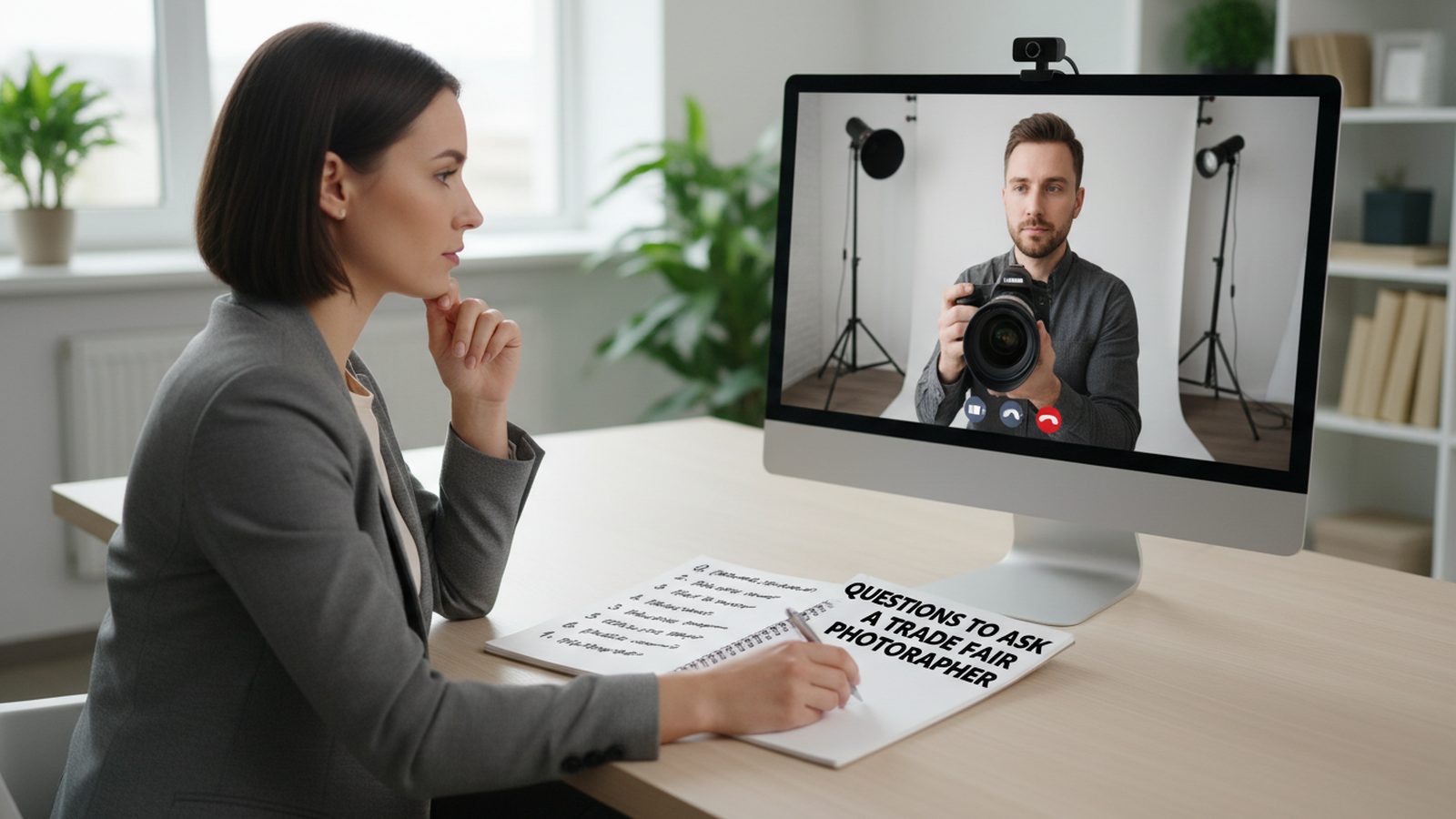 Exhibitor comparing two trade fair photographer quotes on a laptop, with a printed list of questions next to it