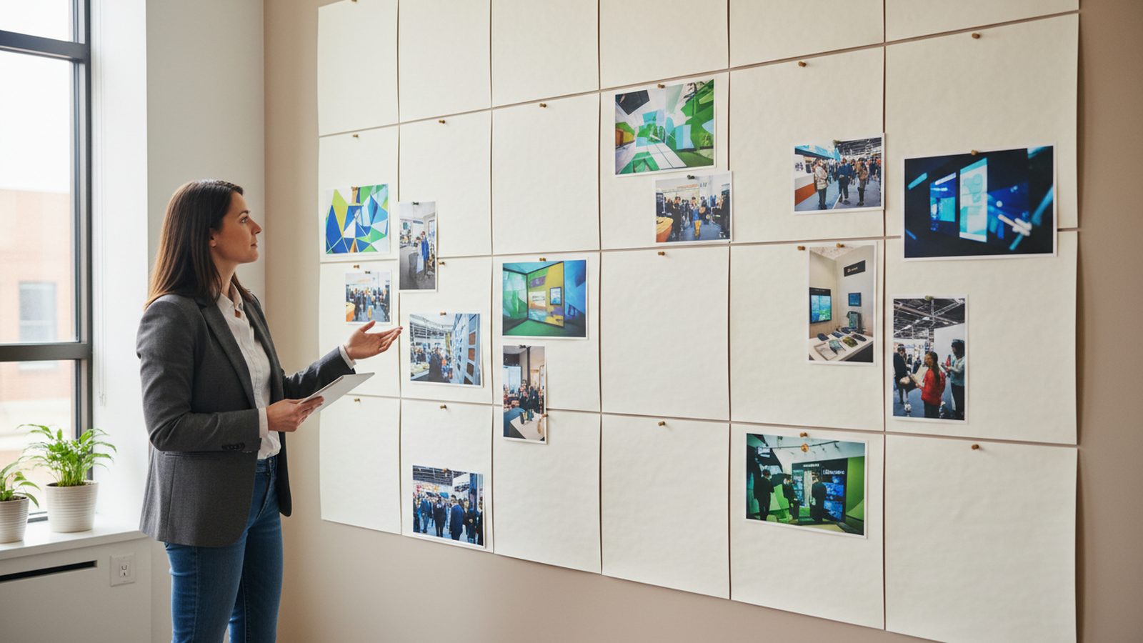 Marketingmanagerin plant Beiträge an einer Wand mit Messefotos in einem Monatsraster