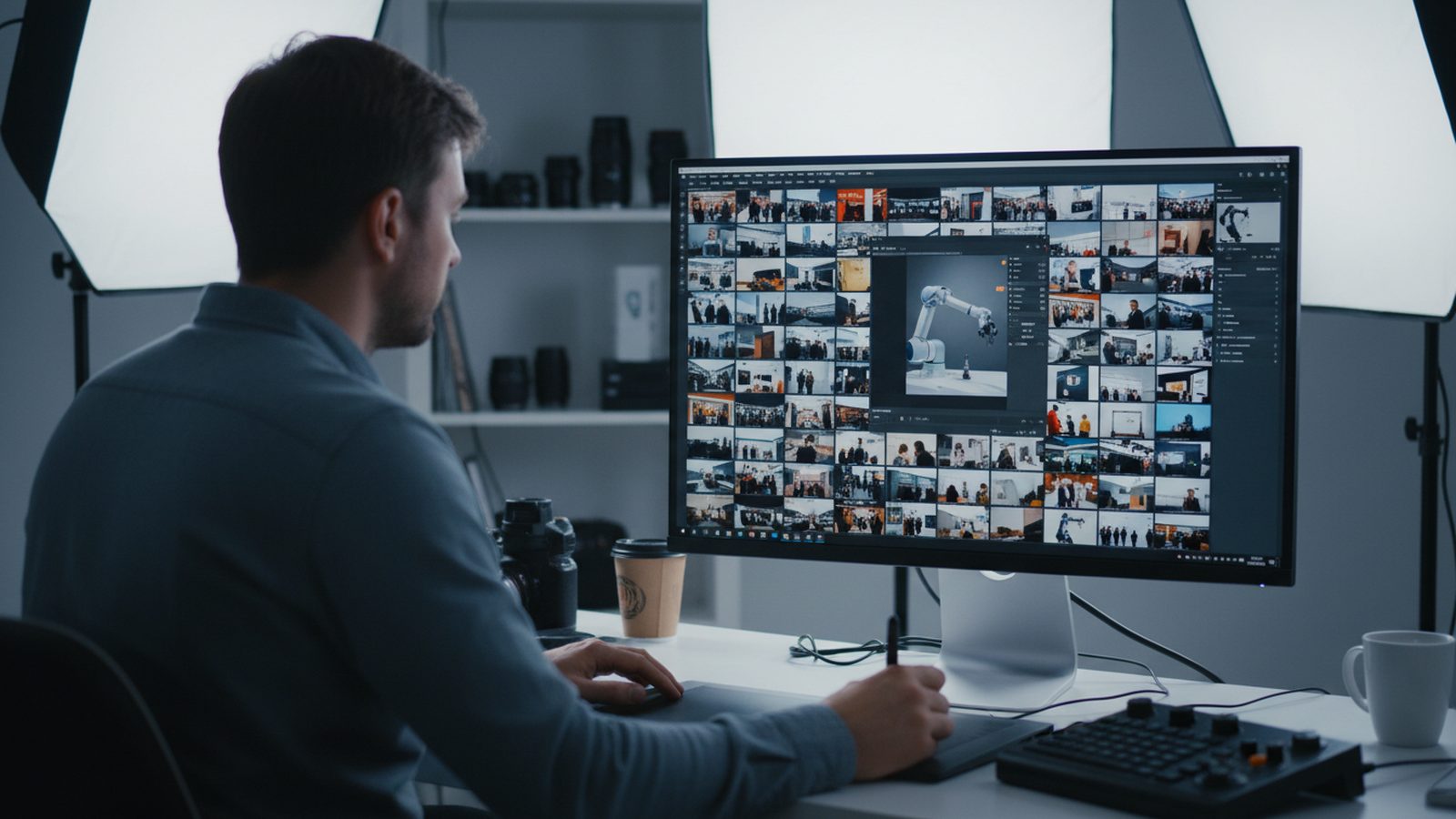 Fotograf mit Kamera arbeitet unauffällig an einem Messestand, Besucher und Standpersonal im Gespräch