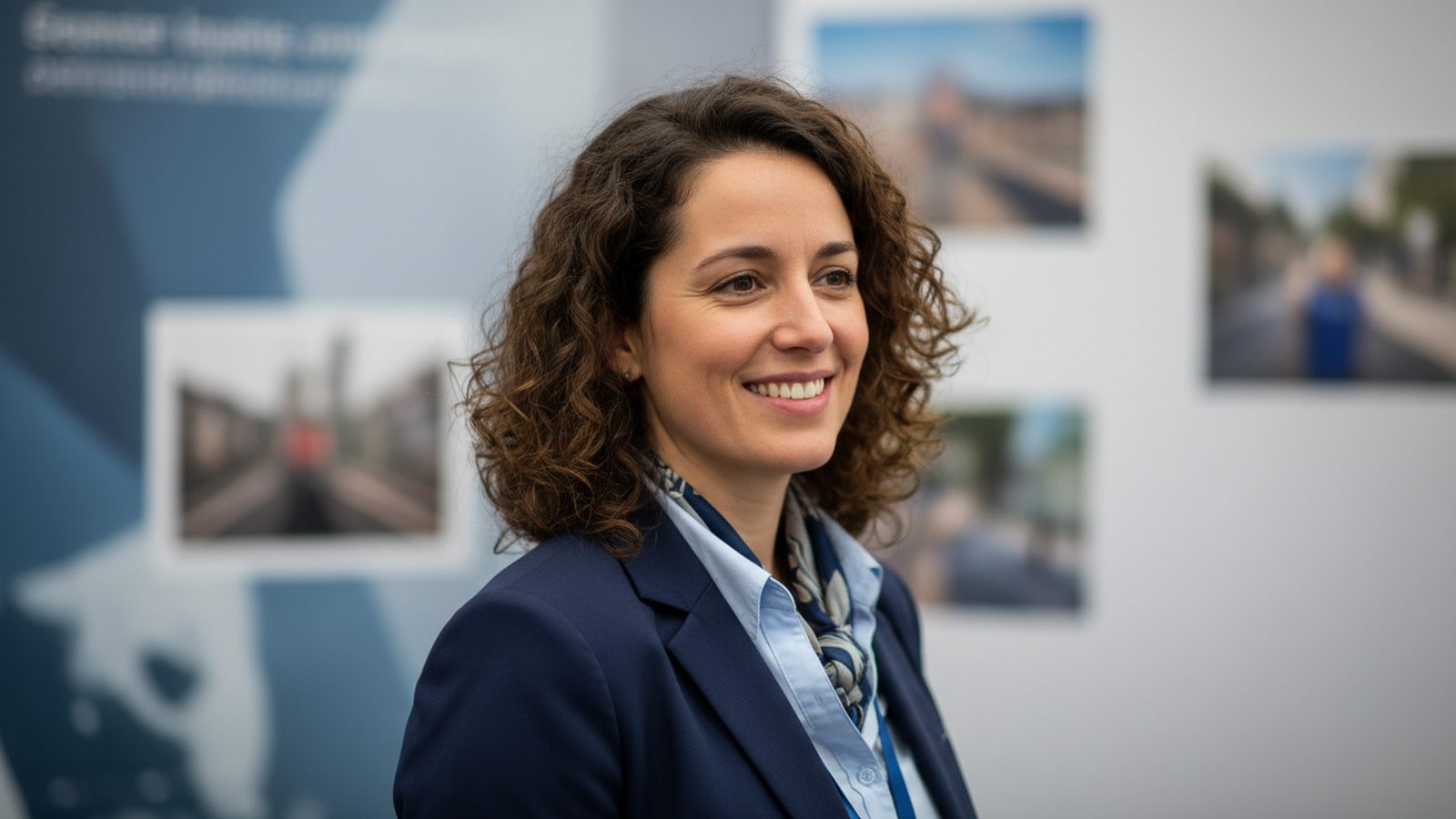 Lächelnde Frau im dunkelblauen Blazer, fotografiert vor einer weich unscharfen Messestandwand