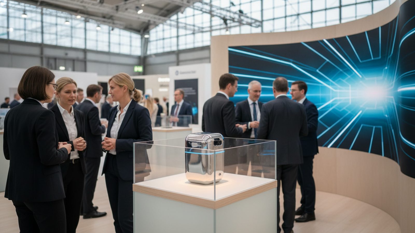 Kompakter Messestand mit klarer Rückwand, Produkt im Fokus und einem Gespräch im Vordergrund