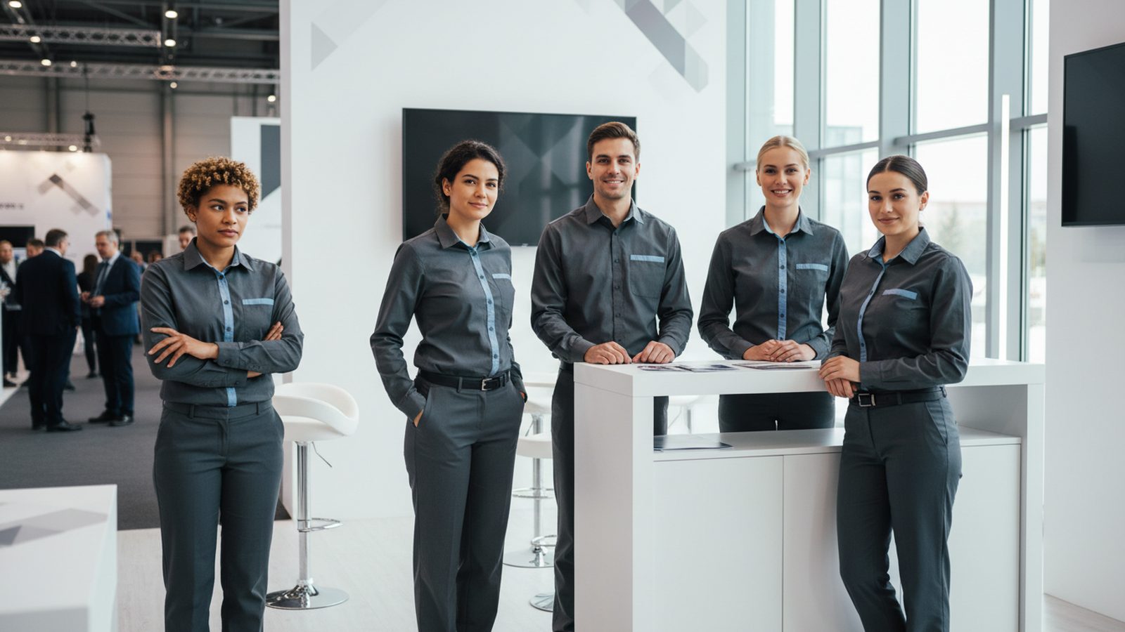 Standteam im Gespräch mit Besuchern an einem Messestand, im Vordergrund ein Mitarbeiter bei der Produktvorführung