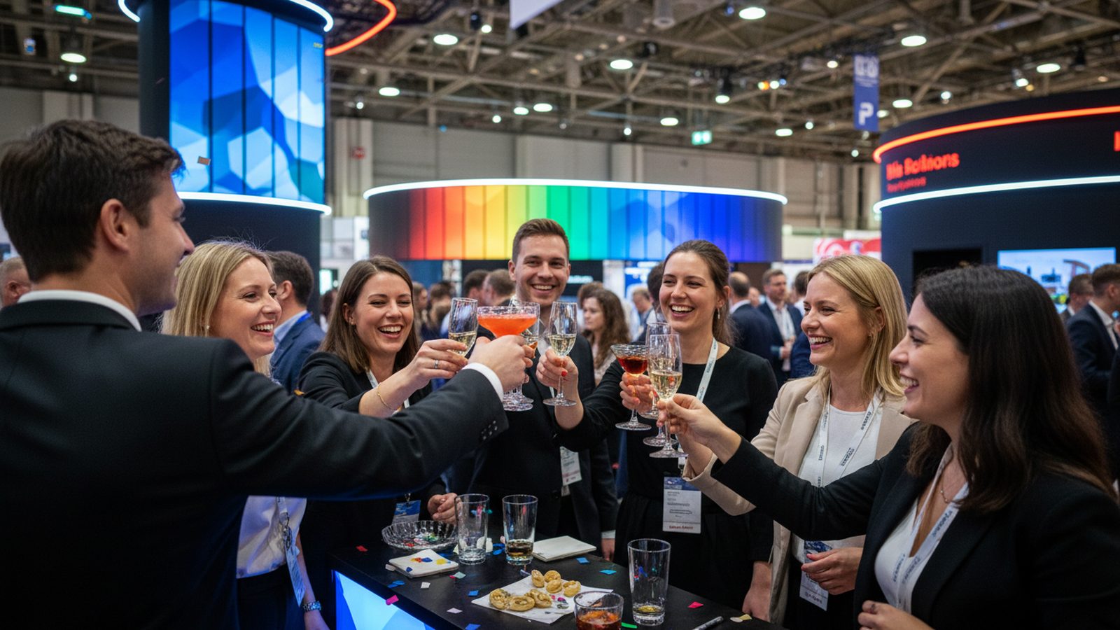 Standteam und Gäste stoßen nach Messeschluss auf einer Standparty an