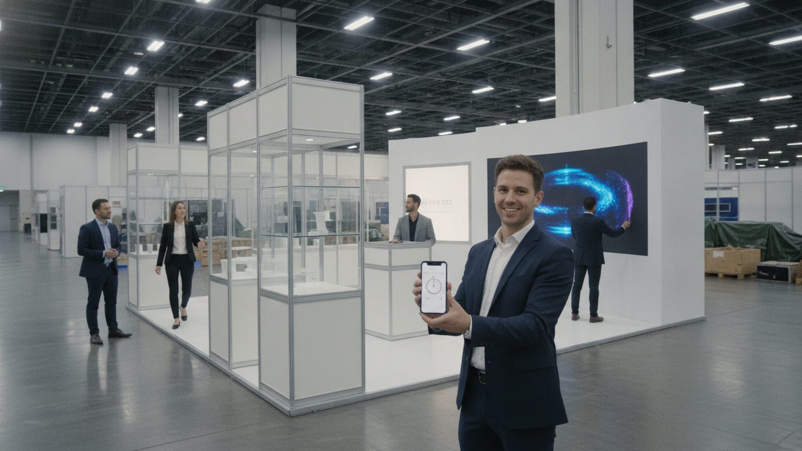 Standteam geht vor der Eröffnung durch den frisch aufgebauten Stand in der leeren Halle, einer hält ein Smartphone hoch, ein anderer prüft die LED-Wand
