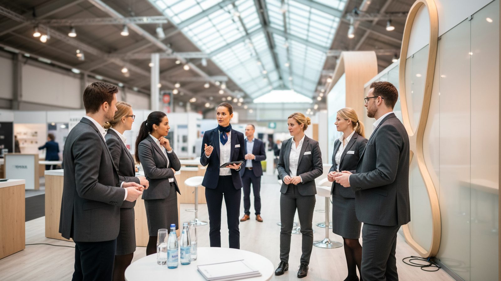 Standteam in einheitlicher Kleidung im Gespräch mit Besuchern an einem Messestand