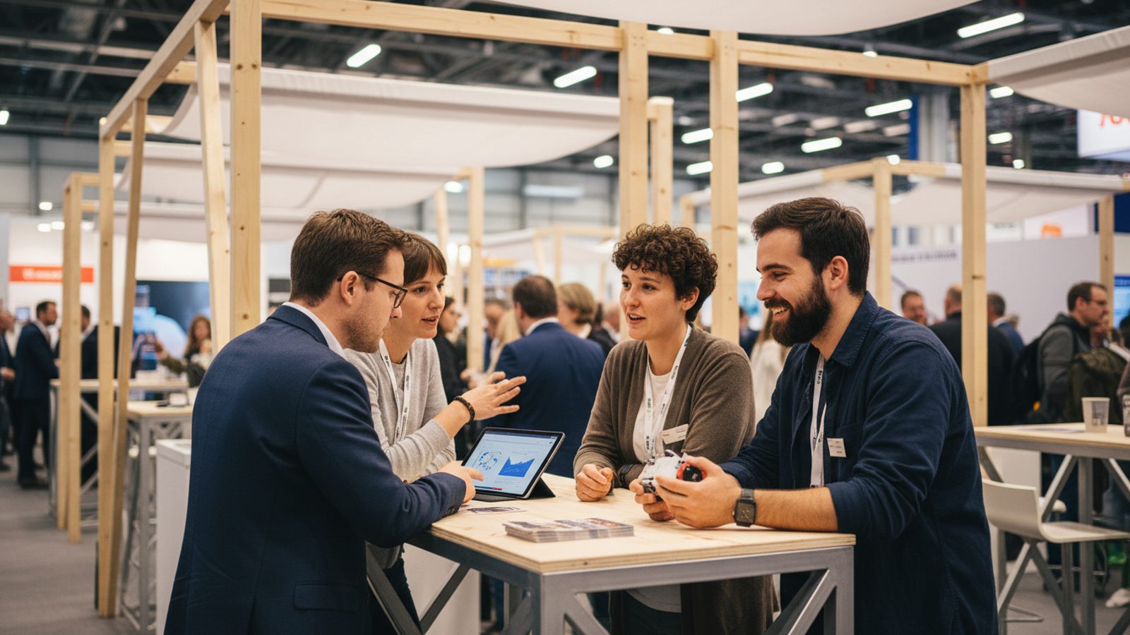 Gründerteam an einem kleinen Modul in einem Start-up-Pavillon auf der Messe, im Gespräch mit Besuchern