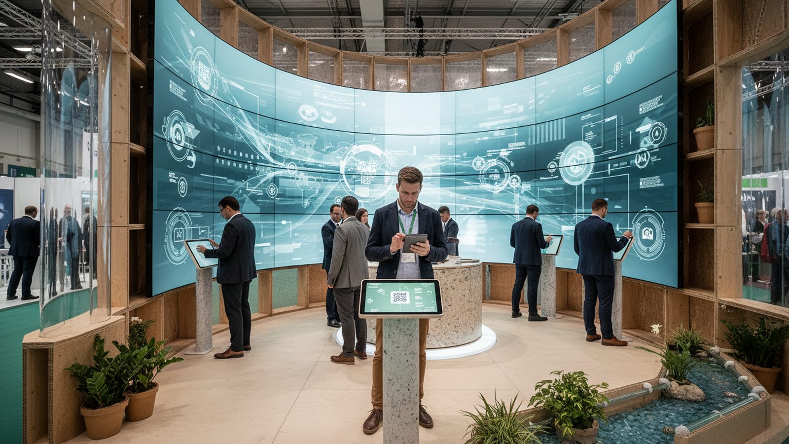 Messestand mit Holzrahmen, Pflanzen und gebogener Bildschirmwand, Besucher nutzen Tablets und eine QR-Code-Säule statt gedruckter Broschüren