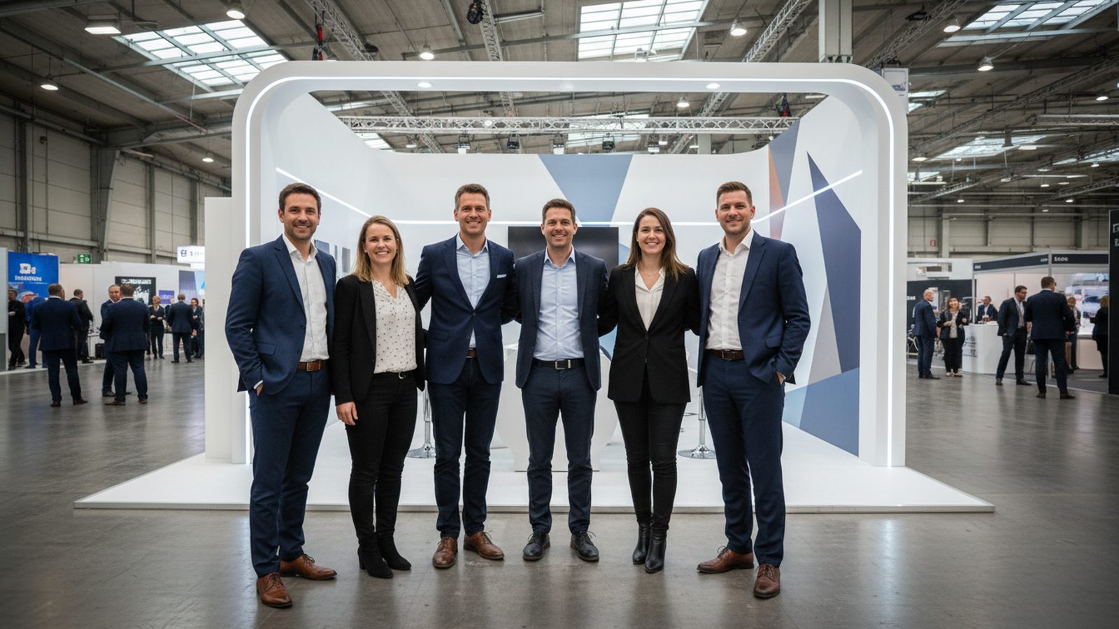 Messeteam steht locker versetzt vor der Markenwand am eigenen Stand