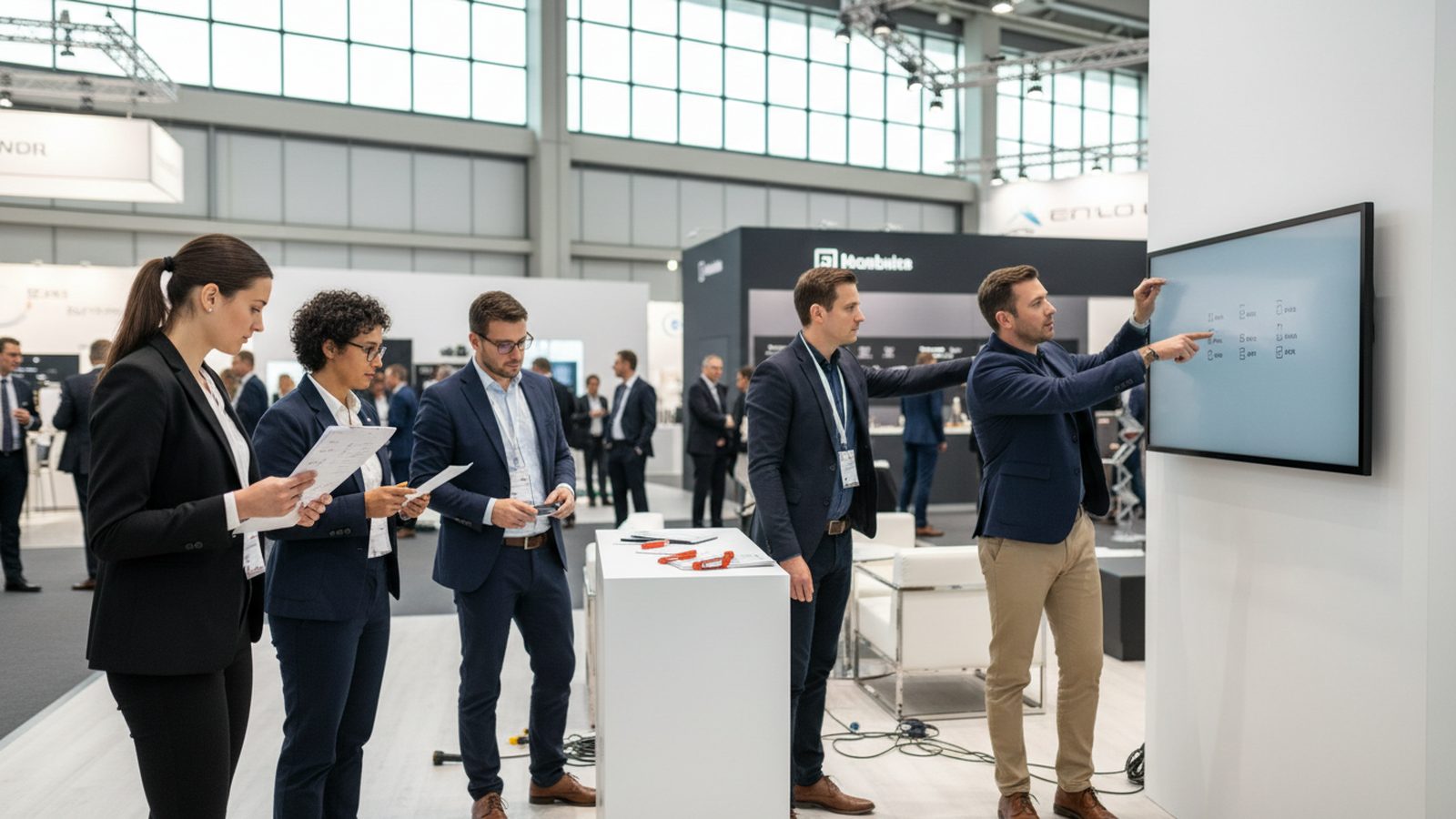 Aussteller hakt am leeren Messestand vor Einlass eine Checkliste auf dem Klemmbrett ab