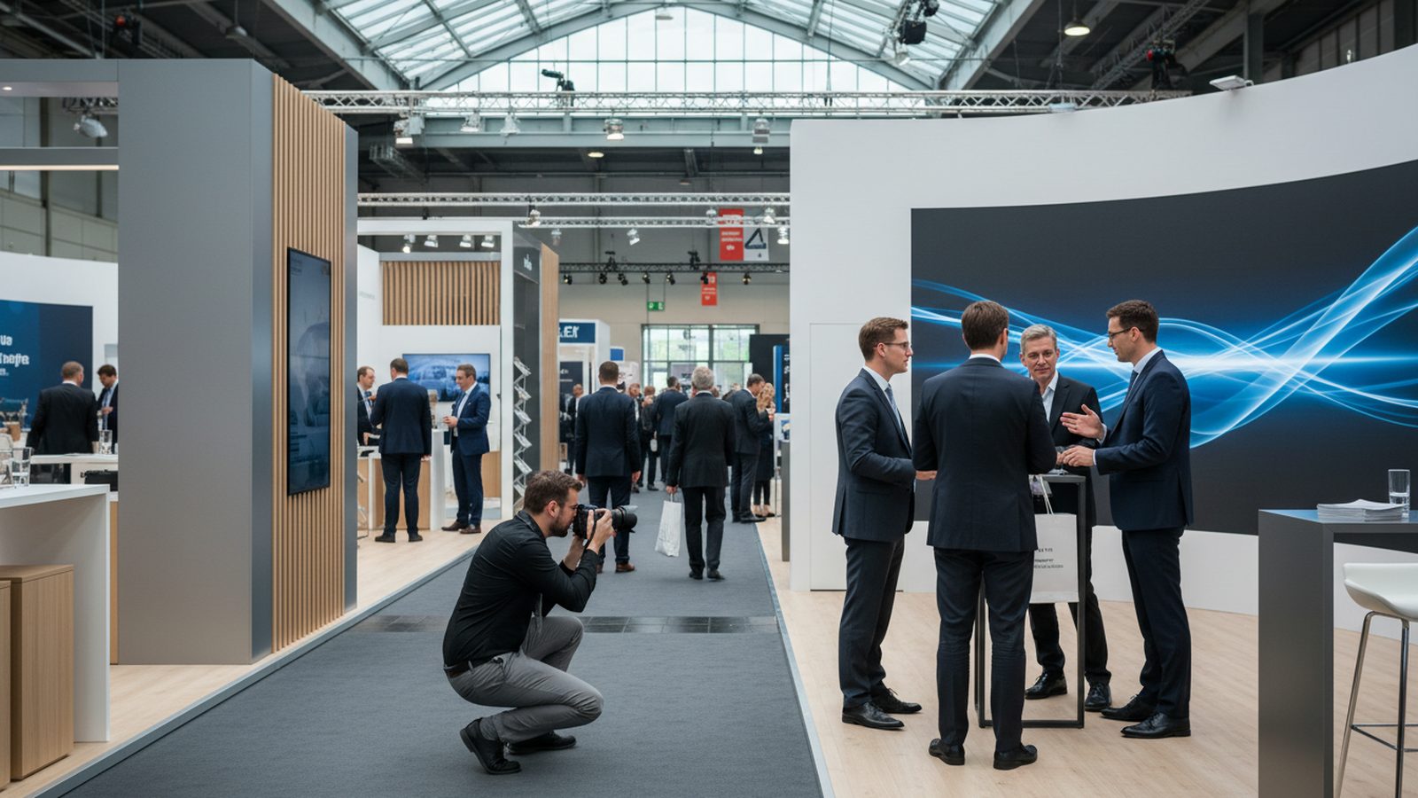 Fotograf fotografiert einen Messestand mit Besuchern im Gespräch vor der Markenwand