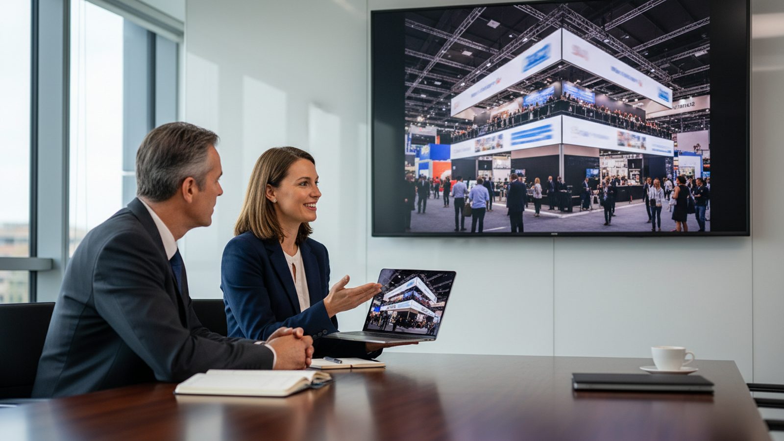 Vertriebsteam bespricht Fotos vom Messestand auf Bildschirm und Laptop im Besprechungsraum