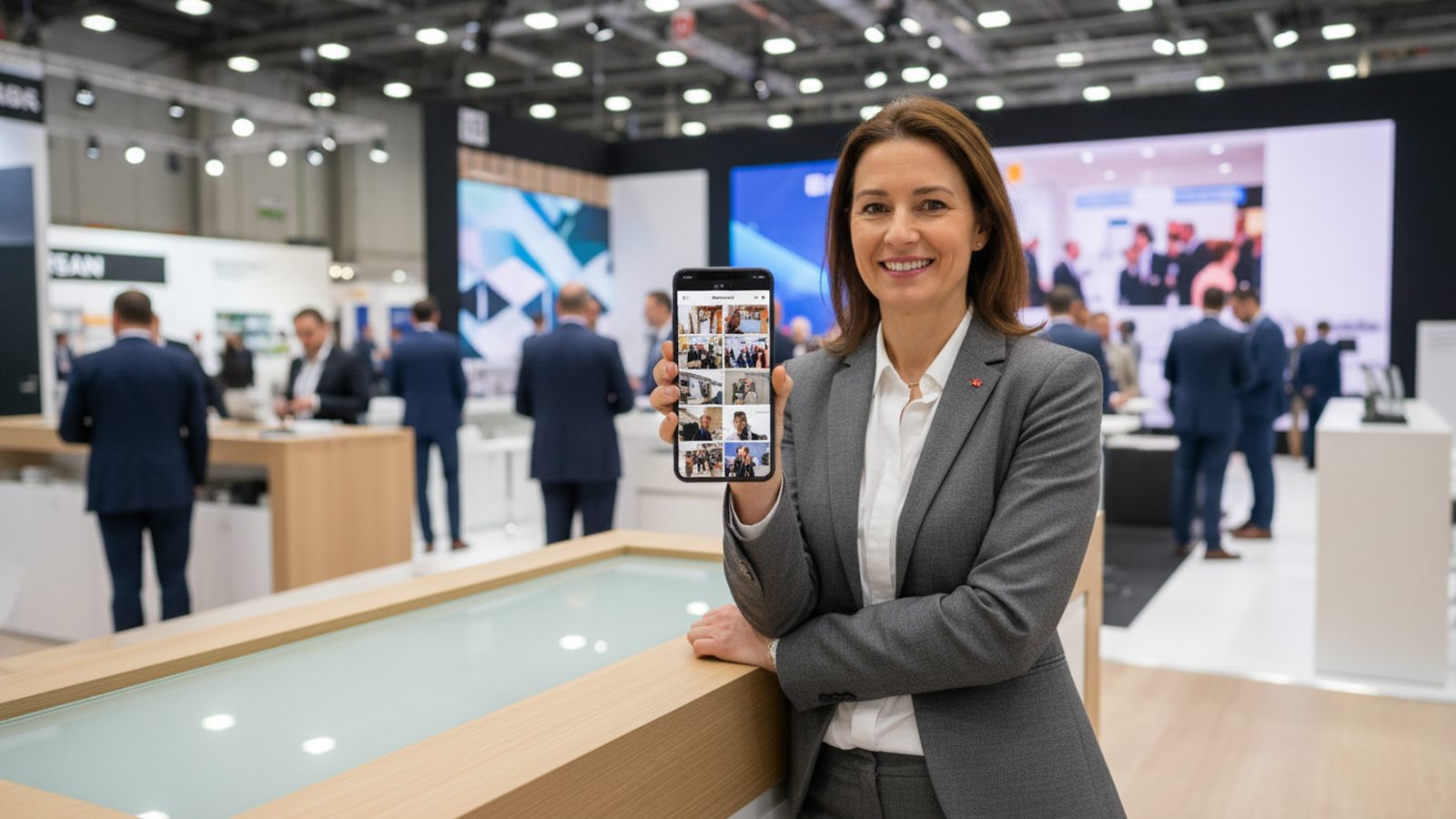 Zwei Personen im Gespräch an einem Messestand, fotografiert für einen LinkedIn-Beitrag