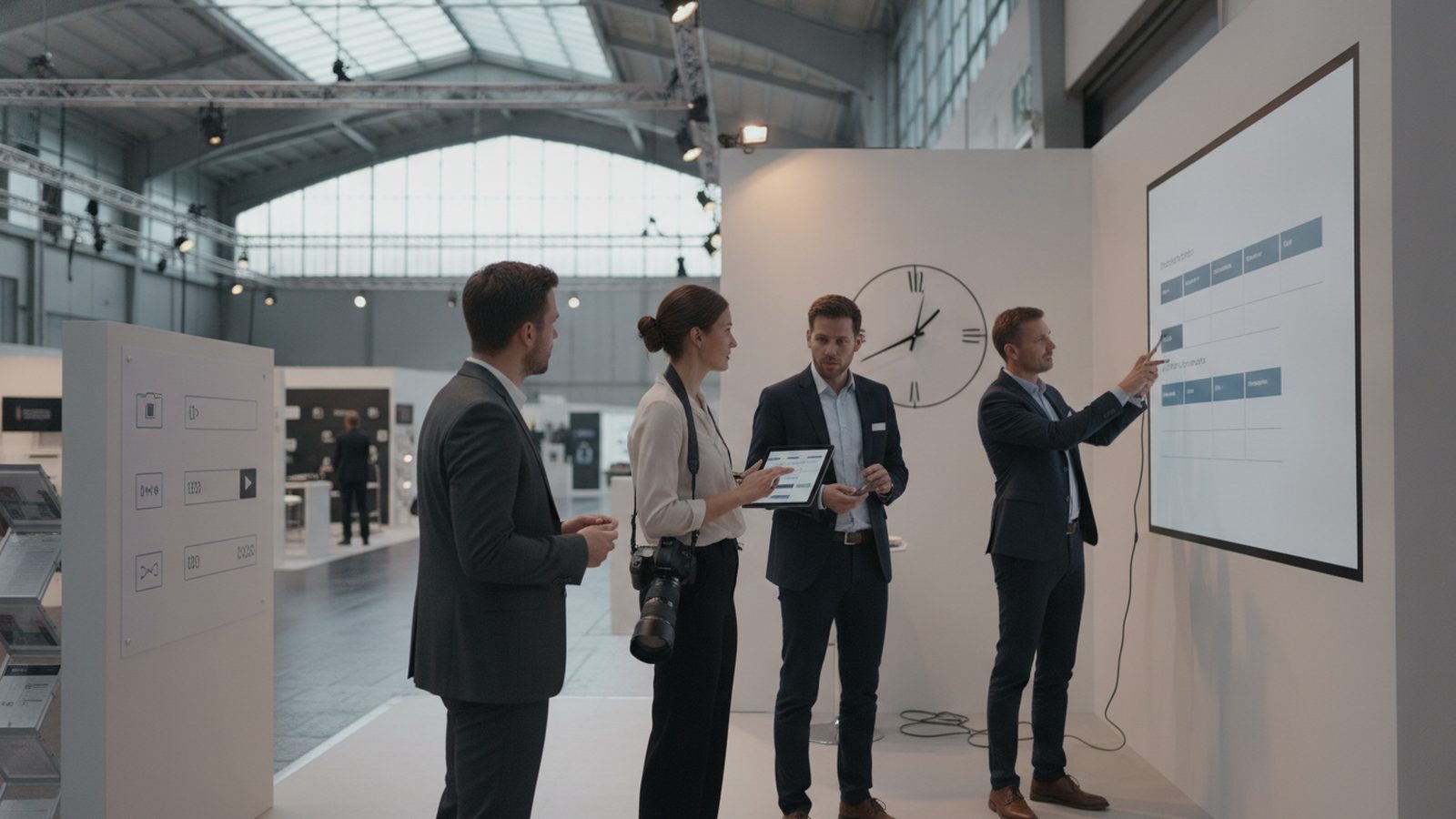 Fotograf und Videograf arbeiten am frühen Morgen an einem noch leeren Messestand